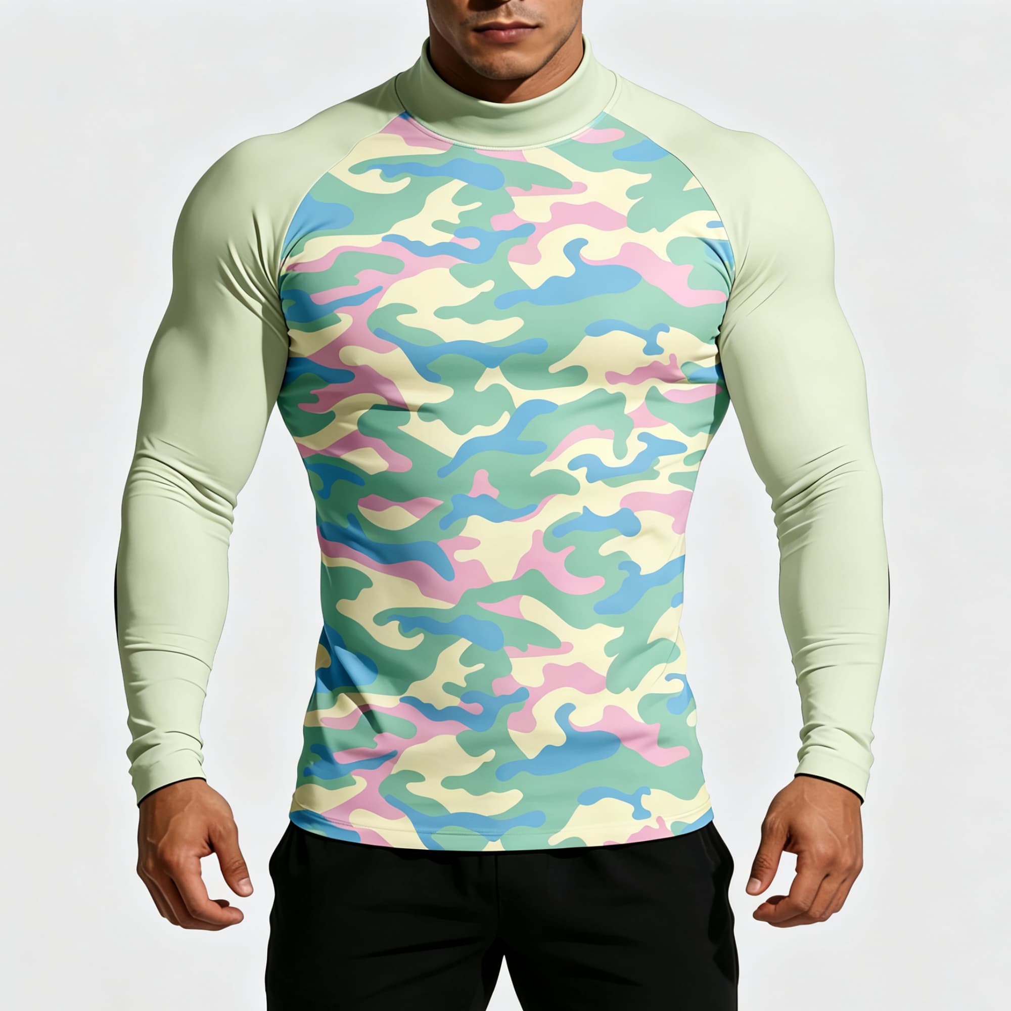남성용 파스텔 카모플라주 프린트 모크넥 긴소매 티셔츠, - Base Layer Top 리뷰 및 가격
